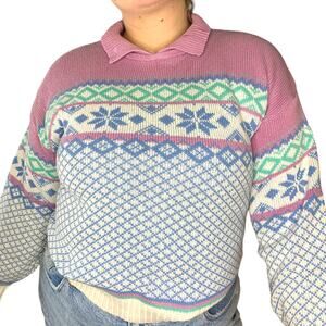 Vintage Knit Fair Isle Snowflake Nordic Collared Sweater Pullover Jumper Medium
